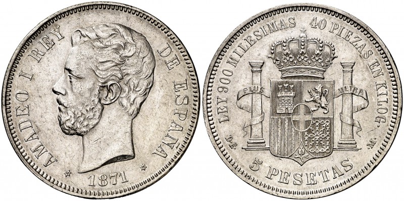 1871*1874. Amadeo I. DEM. 5 pesetas. (Cal. 10). 24,95 g. Leves marquitas. Atract...