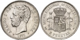 1871*1874. Amadeo I. DEM. 5 pesetas. (Cal. 10). 24,95 g. Leves marquitas. Atractiva. EBC-.