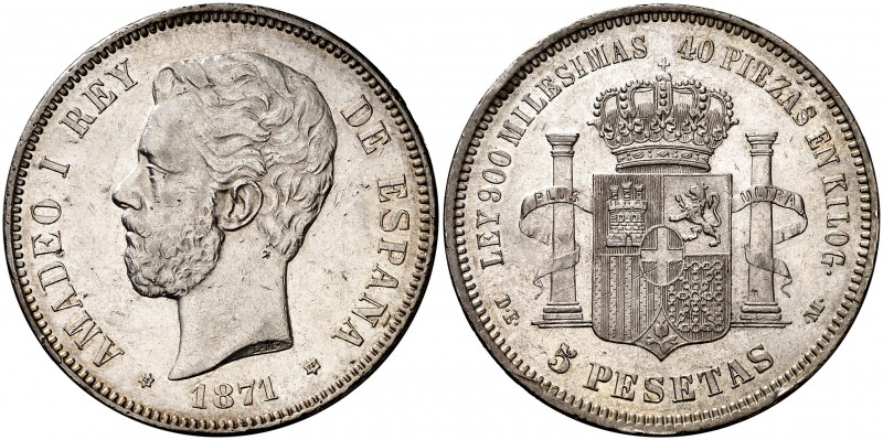 1871*1875. Amadeo I. DEM. 5 pesetas. (Cal. 12). 24,82 g. Leves marquitas. Bella....