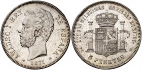 1871*1875. Amadeo I. DEM. 5 pesetas. (Cal. 12). 24,82 g. Leves marquitas. Bella. EBC-/EBC.