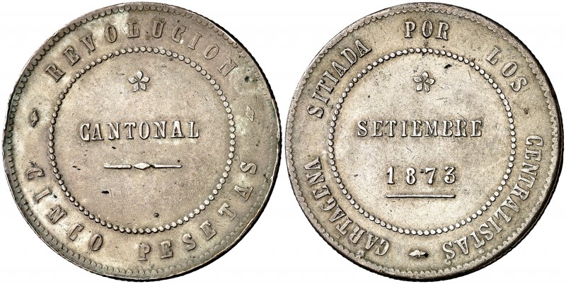 1873. Revolución Cantonal. Cartagena. 5 pesetas. (Cal. 5). 26,91 g. No coinciden...