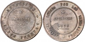 1873. Revolución cantonal. Cartagena. 5 pesetas. (Cal. 6). 27,84 g. No coincidente. 100 perlas en anverso y 95 en reverso. Leves marquitas. MBC+.