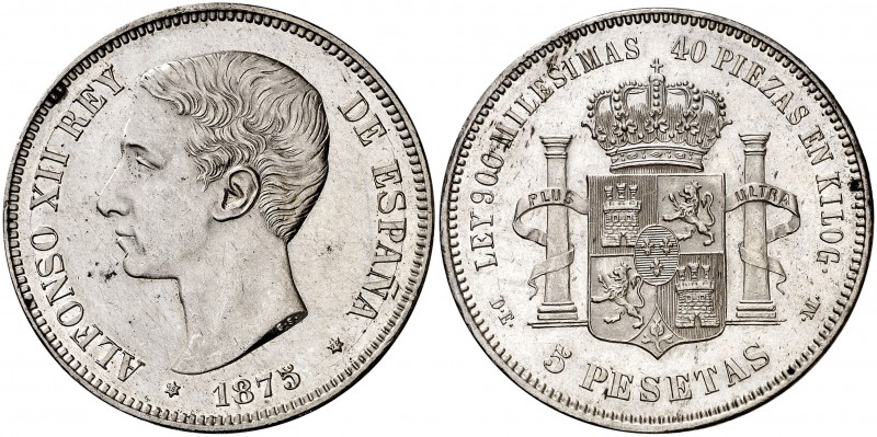 1875*75. Alfonso XII. DEM. 5 pesetas. (Cal. 25a). 25 g. Leves rayitas. Bella. Pa...
