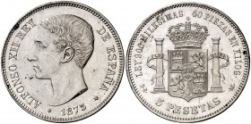 1875*75. Alfonso XII. DEM. 5 pesetas. (Cal. 25a). 25 g. Leves rayitas. Bella. Pabellón de la oreja rayado. Escasa así. EBC.