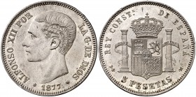 1877*1877. Alfonso XII. DEM. 5 pesetas. (Cal. 28). 24,92 g. Leves golpecitos. Buen ejemplar. MBC+.