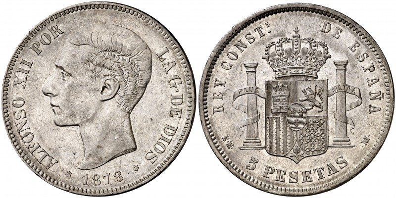 1878*1878. Alfonso XII. EMM. 5 pesetas. (Cal. 30). 24,83 g. Golpecito. MBC+.