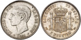 1881*1881. Alfonso XII. MSM. 5 pesetas. (Cal. 32). 24,94 g. Leves marquitas. Bella. Escasa y más así. EBC/EBC+.