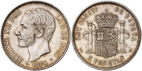 1882/1*1882. Alfonso XII. MSM. 5 pesetas. (Cal. 34). 24,90 g. Leves marquitas. Precioso color. Escasa así. EBC-/EBC.