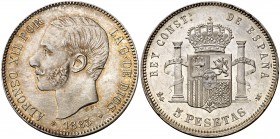 1883*1883. Alfonso XII. MSM. 5 pesetas. (Cal. 37). 25,06 g. Leves rayitas. Bella pátina. Escasa así. EBC/EBC+.