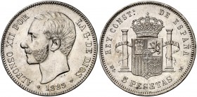 1885*1886. Alfonso XII. MSM. 5 pesetas. (Cal. 41). 25,06 g. Atractiva. Escasa así. EBC-.