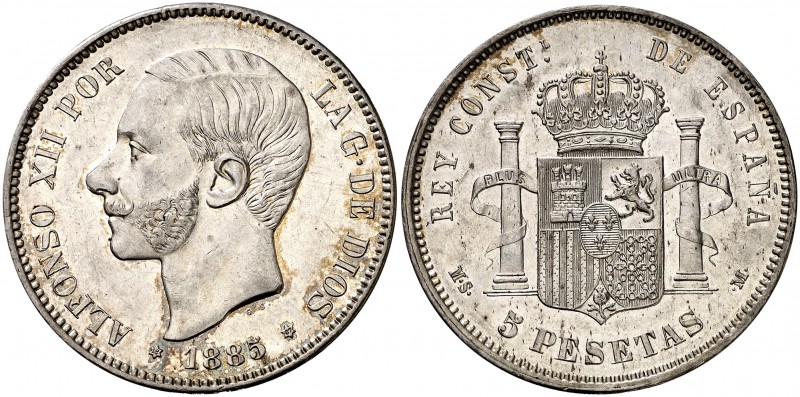 1885*1887. Alfonso XII. MSM. 5 pesetas. (Cal. 42). 24,95 g. Bella. Escasa así. E...