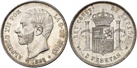 1885*1887. Alfonso XII. MSM. 5 pesetas. (Cal. 42). 24,95 g. Bella. Escasa así. EBC+.