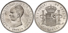 1890*1890. Alfonso XIII. PGM. 5 pesetas. (Cal. 16). 24,80 g. Leves marquitas. Parte de brillo original. EBC-/EBC.