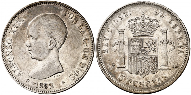 1892*1892. Alfonso XIII. PGM. 5 pesetas. (Cal. 18). 25,01 g. Tipo "pelón". Escas...