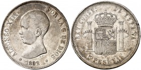 1892*1892. Alfonso XIII. PGM. 5 pesetas. (Cal. 18). 25,01 g. Tipo "pelón". Escasa. MBC+.