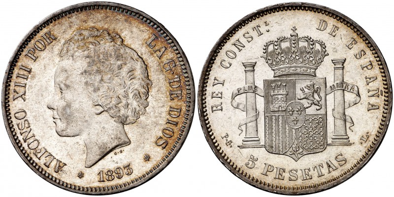 1893*1893. Alfonso XIII. PGL. 5 pesetas. (Cal. 21). 24,99 g. Leves marquitas. Be...
