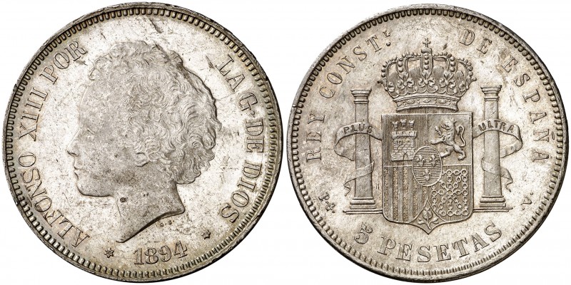 1894*1894. Alfonso XIII. PGV. 5 pesetas. (Cal. 23). 24,88 g. Leves marquitas. Be...