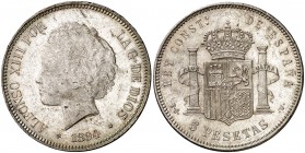 1894*1894. Alfonso XIII. PGV. 5 pesetas. (Cal. 23). 24,88 g. Leves marquitas. Bella. Brillo original. Escasa así. EBC+.
