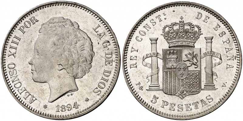 1894*1894. Alfonso XIII. PGV. 5 pesetas. (Cal. 23). 24,95 g. Limpiada. Bella. (E...