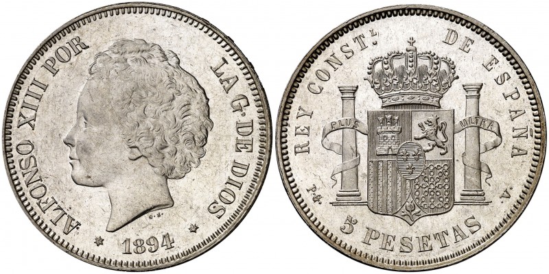 1894*1894. Alfonso XIII. PGV. 5 pesetas. (Cal. 23). 24,88 g. Limpiada. Bella. (E...