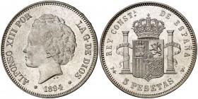 1894*1894. Alfonso XIII. PGV. 5 pesetas. (Cal. 23). 24,88 g. Limpiada. Bella. (EBC+).