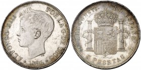 1896*1896. Alfonso XIII..PGV. 5 pesetas. (Cal. 25). (Cal. 25). 25,074 g. Rayitas. Atractiva. EBC/EBC+.