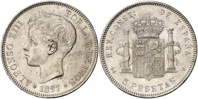 1897*1897. Alfonso XIII. SGV. 5 pesetas. (Cal. 26). 25,04 g. Rayita en reverso. EBC-/EBC.