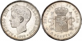 1899*1899. Alfonso XIII. SGV. 5 pesetas. (Cal. 28). 24,88 g. Leves marquitas. Bella. Brillo original. EBC+.
