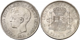 1895. Alfonso XIII. Puerto Rico. PGV. 1 peso. (Cal. 82). 24,61 g. Buen ejemplar. Rara. MBC+/EBC-.