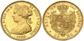 1868*1873. Madrid. 10 escudos. (Cal. 48). 8,40 g. Acuñada durante la I República. Bella. Brillo original. Ex Áureo & Calicó 02/06/2004, nº 644. EBC+....