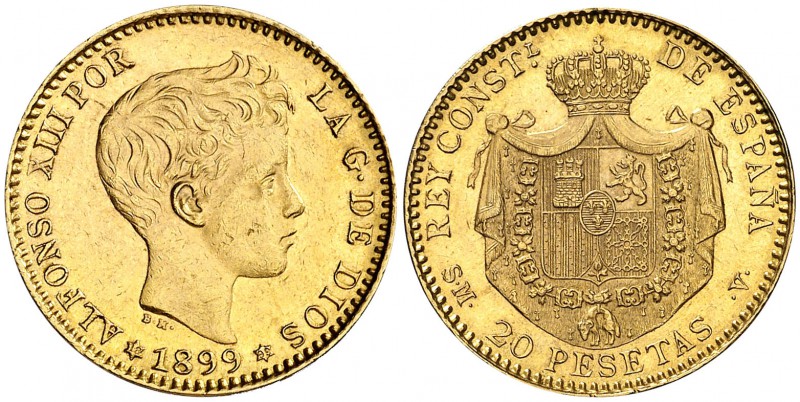 1899*1899. Alfonso XIII. SMV. 20 pesetas. (Cal. 7). 6,42 g. Leves marquitas. Bri...