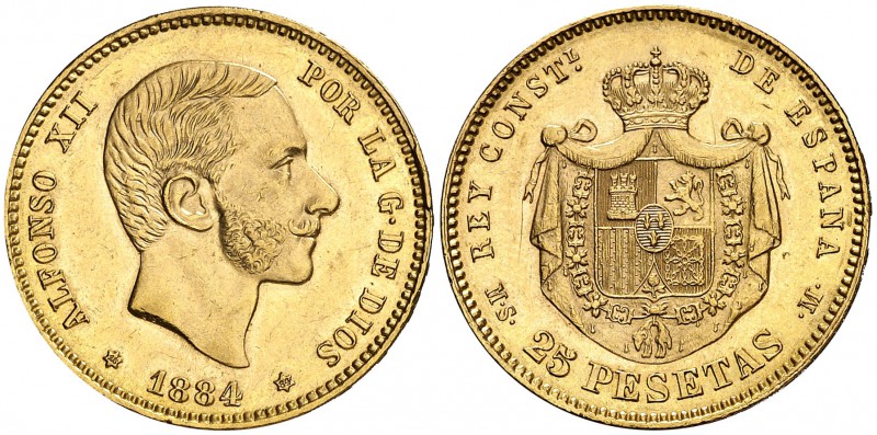 1884*1884. Alfonso XII. MSM. 25 pesetas. (Cal. 19). 8,07 g. Leves marquitas. Esc...