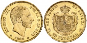 1884*1884. Alfonso XII. MSM. 25 pesetas. (Cal. 19). 8,07 g. Leves marquitas. Escasa. EBC.