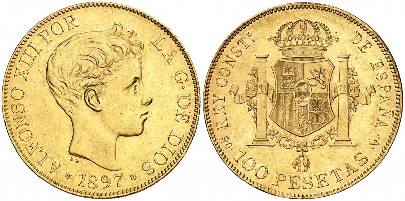 1897*1897. Alfonso XIII. SGV. 100 pesetas. (Cal. 1). 32,20 g. Leves golpecitos. ...