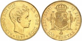 1897*1897. Alfonso XIII. SGV. 100 pesetas. (Cal. 1). 32,20 g. Leves golpecitos. Parte de brillo original. Escasa. EBC.