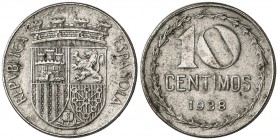 1938. II República. 10 céntimos. (Cal. 8). 3,90 g. Magnífica, sin apenas ninguna de las manchitas habituales en esta pieza. Ex Colección Laureano Figu...