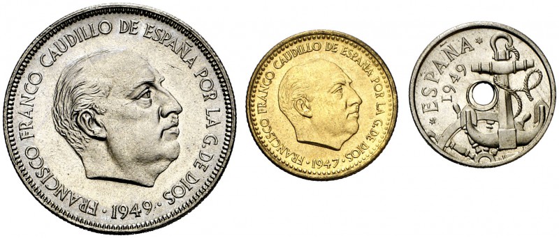1949*E51. Estado Español. 50 céntimos, 1 y 5 pesetas. (Cal. 138). Serie completa...