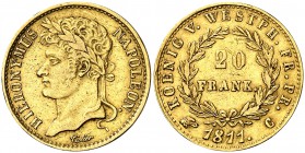 1811. Alemania. Westfalia. Jerónimo Napoleón. C (Cassel). 20 francos. (Fr. 3517) (Kr. 103). 6,39 g. AU. Rara. MBC.