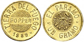 1889. Argentina. Tierra de Fuego. Julius Popper. Token de 1 grano. (Kr. Tn5). 1,22 g. AU. Golpecito en canto. Rara. (EBC).