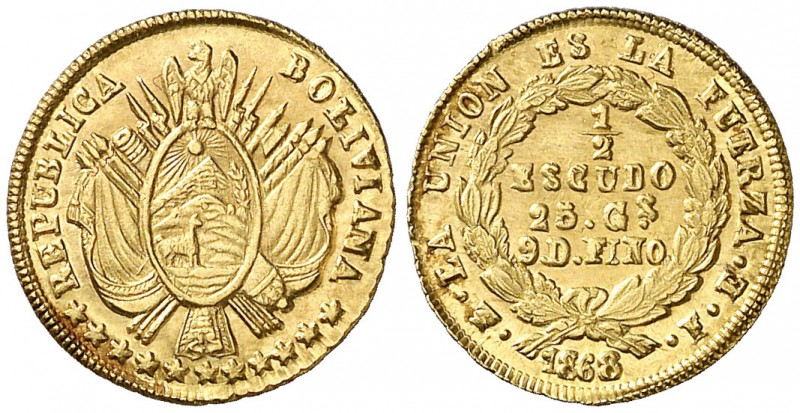 1868. Bolivia. Potosí. FE. 1/2 escudo. (Fr. 39) (Kr. 140). 1,23 g. AU. La V de B...