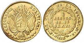 1868. Bolivia. Potosí. FE. 1/2 escudo. (Fr. 39) (Kr. 140). 1,23 g. AU. La V de BOLIVIANA es una A invertida. Insignificantes golpecitos. Bella. Ex Cab...