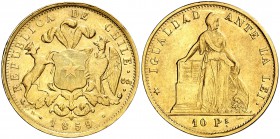1859. Chile. (Santiago). 10 pesos. (Fr. 45) (Kr. 131). 15,08 g. AU. Golpecitos. MBC+.