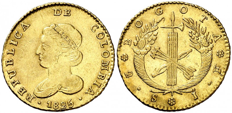 1825. Colombia. Bogotá. JF. 2 escudos. (Fr. 70) (Kr. 83). 6,76 g. AU. Bella. Esc...