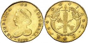 1825. Colombia. Bogotá. JF. 2 escudos. (Fr. 70) (Kr. 83). 6,76 g. AU. Bella. Escasa así. EBC.