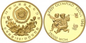 1987. Corea del Sur. 25000 won. (Fr. 13) (Kr. 68). 16,77 g. AU. XXIV Olimpiadas-Seúl '88. Escasa. Proof.