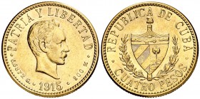 1915. Cuba. 4 pesos. (Fr. 5) (Kr. 18). 6,65 g. AU. Escasa. EBC-/MBC+.