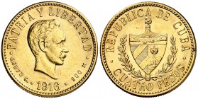 1916. Cuba. 4 pesos. (Fr. 5) (Kr. 18). 6,67 g. AU. Golpecito. Escasa. MBC+.
