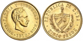 1916. Cuba. 5 pesos. (Fr. 4) (Kr. 19). 8,34 g. AU. EBC.