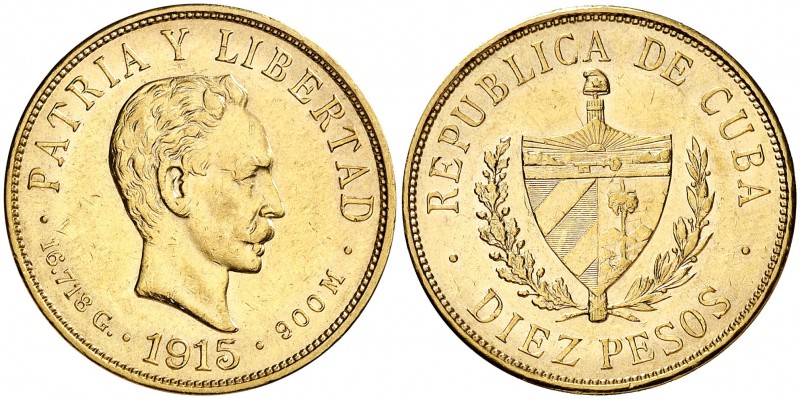 1915. Cuba. 10 pesos. (Fr. 3) (Kr. 20). 16,70 g. AU. Leves marquitas. MBC+.