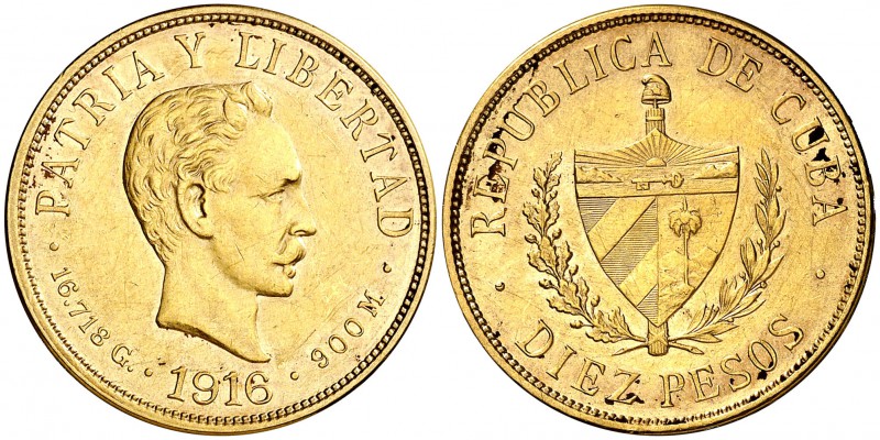 1916. Cuba. 10 pesos. (Fr. 3) (Kr. 20). 16,66 g. AU. Rayitas. MBC+.